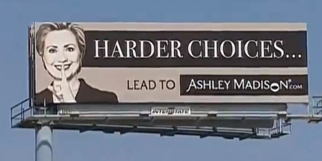 Harder Choices Lead to Ashley Madison billboard Hillary Clinton sign affairs married people secret secrets shush hush finger over her lips controversial dating website features featuring depicts depicting shows showing ultimate insult insulting ad advert signage traffic jams Chicago area FOX 32 News Harlem and Central image Hard Choices new book tour autobiography autobiographical memoir sales former First Lady New York Senator Secretary of State White House CEO Noel Biderman Sam Chapman sketch form 26 million members